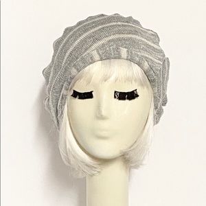 Striped grey sweater knit beret hat